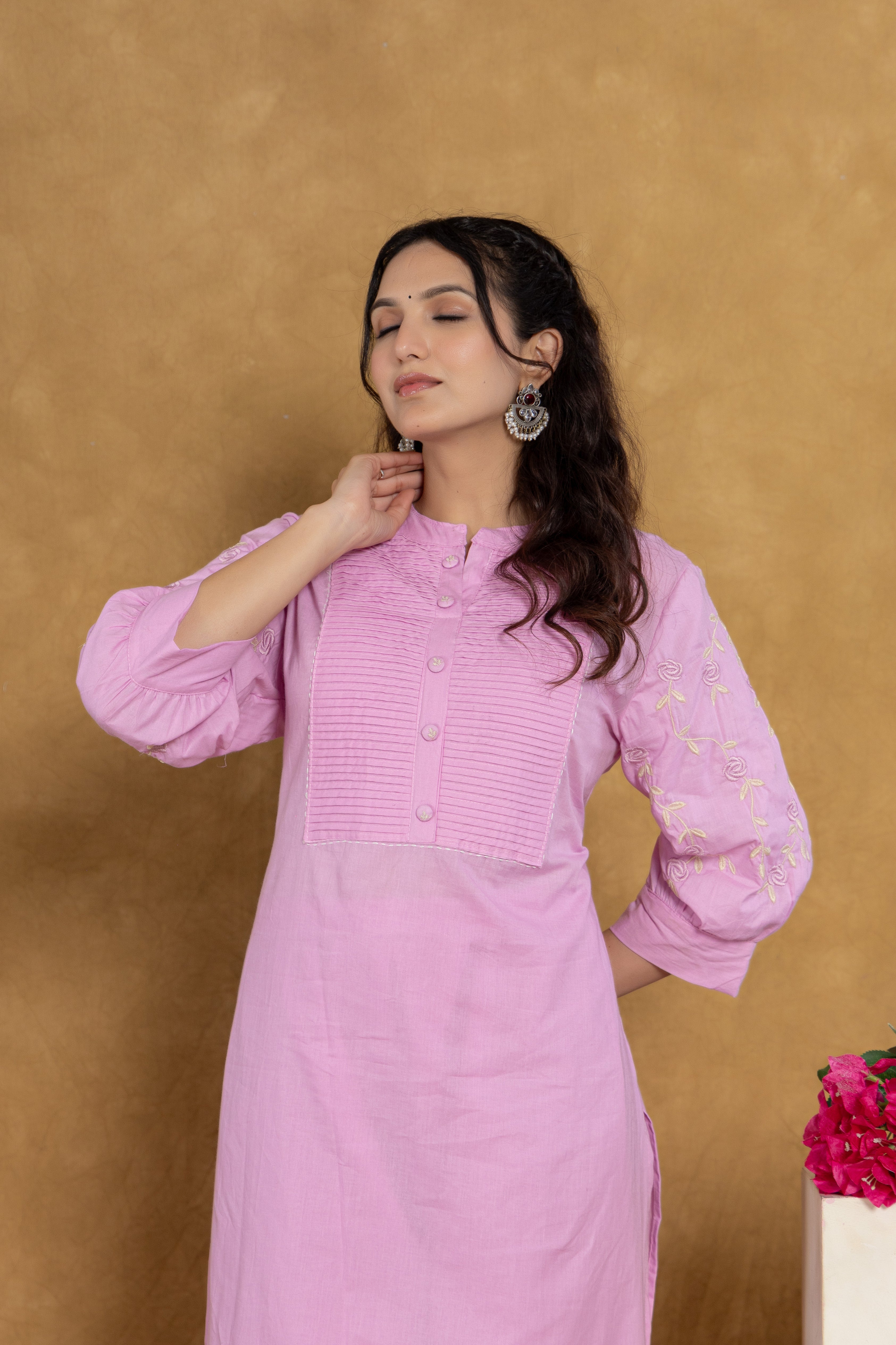 Pink Cotton kurti Set with Embroidery & Pintex Detailing