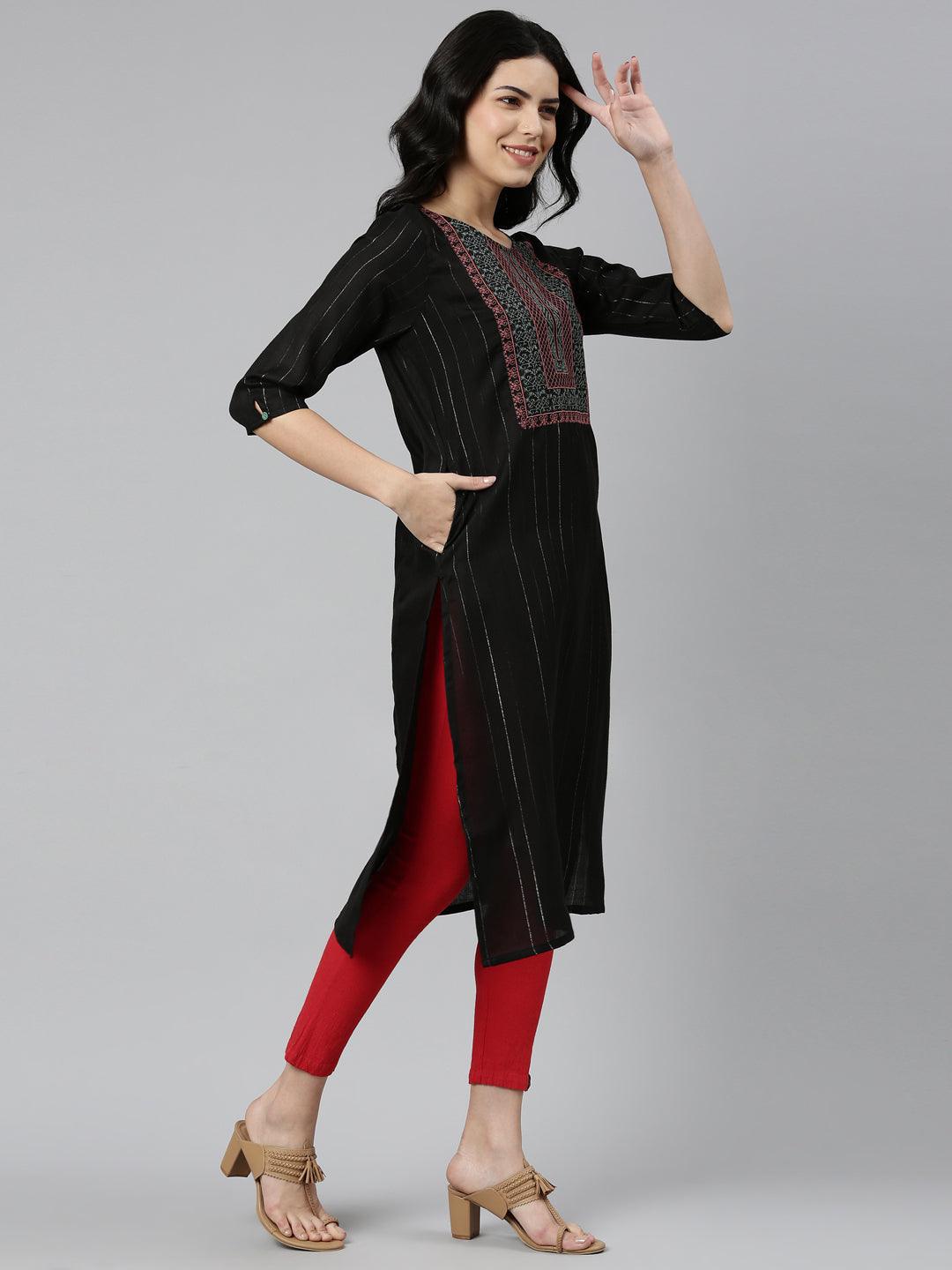 Embroidered Black A-line Cotton Blend Kurta for Women from samhitas apparel