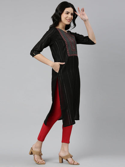 Embroidered cotton blend striped A-line black kurta for women