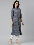 Grey Striped Cotton Silk A-line Kurtas for women from samhitas