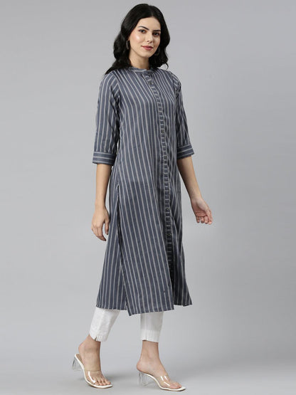 Grey Striped Cotton Silk A-line Kurtas for women from samhitas