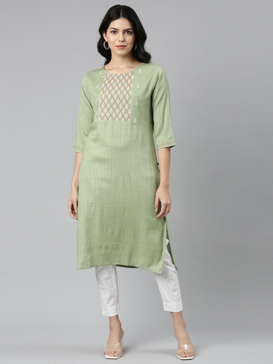 Pista Striped Cotton Blend A-line Kurta from samhitas apparel