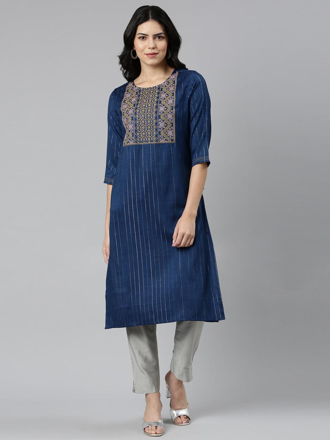 Embroidery detail on the sleeve of a women's blue striped kurta from samhitas apparel