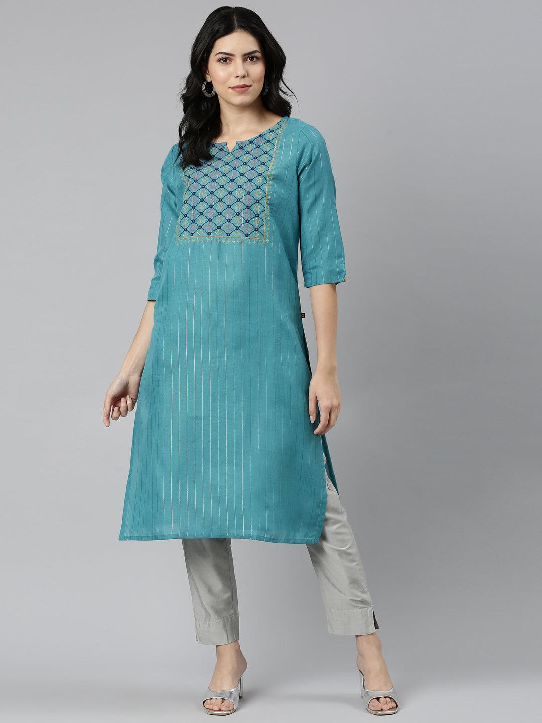 Women Embroidered Cotton Blend Straight Kurta (Blue) - Samhitas Apparel