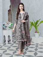 Women's Grey Round Neck Cotton Kurta Set with Dupatta