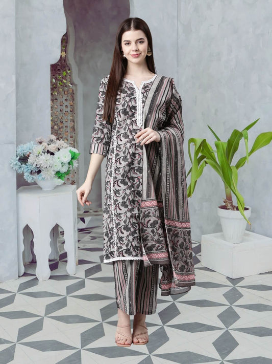 Women's Grey Round Neck Cotton Kurta Set with Dupatta