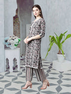 Women's Grey Round Neck Cotton Kurta Set with Dupatta