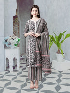 Women's Grey Round Neck Cotton Kurta Set with Dupatta