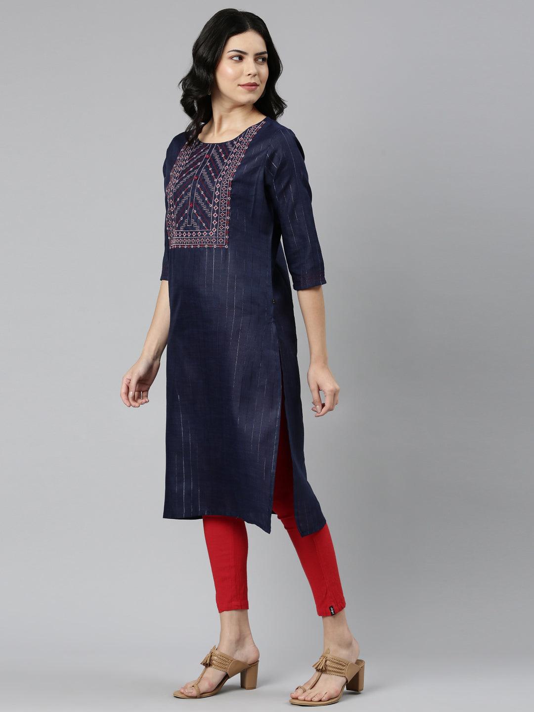 Navy Blue Striped Cotton Blend A-line Kurta for Women from samhitas apparel