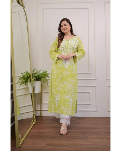 Light Green Color Kurta Set With White Abstract Print