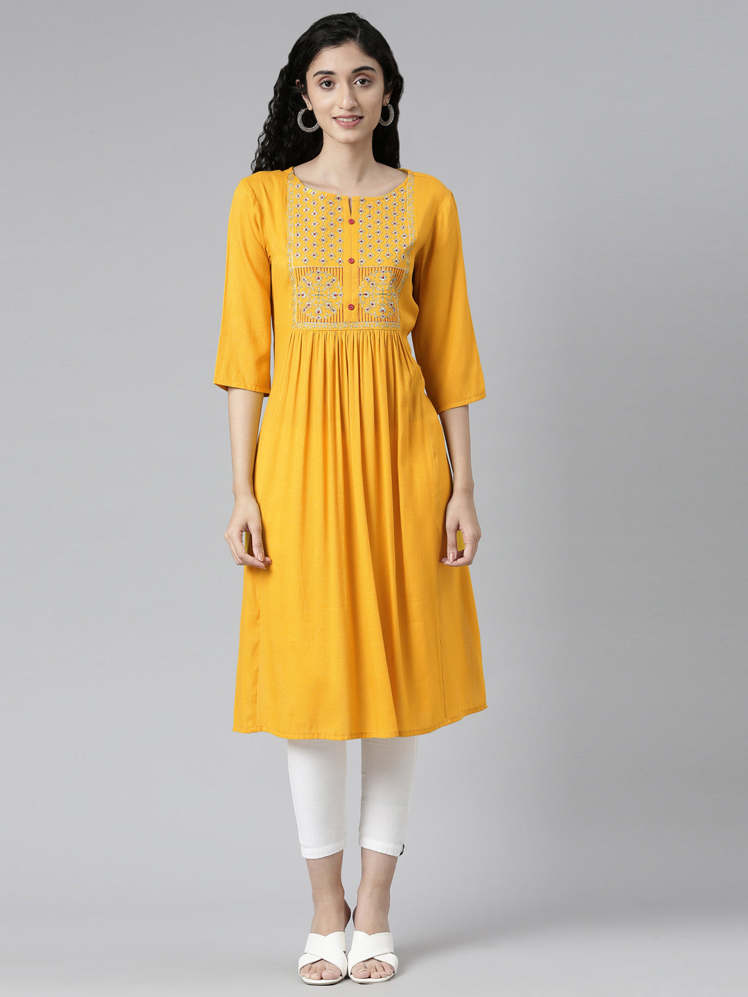 Elegant Yellow Viscose Rayon Flared Kurta for Women from samhitas apparel