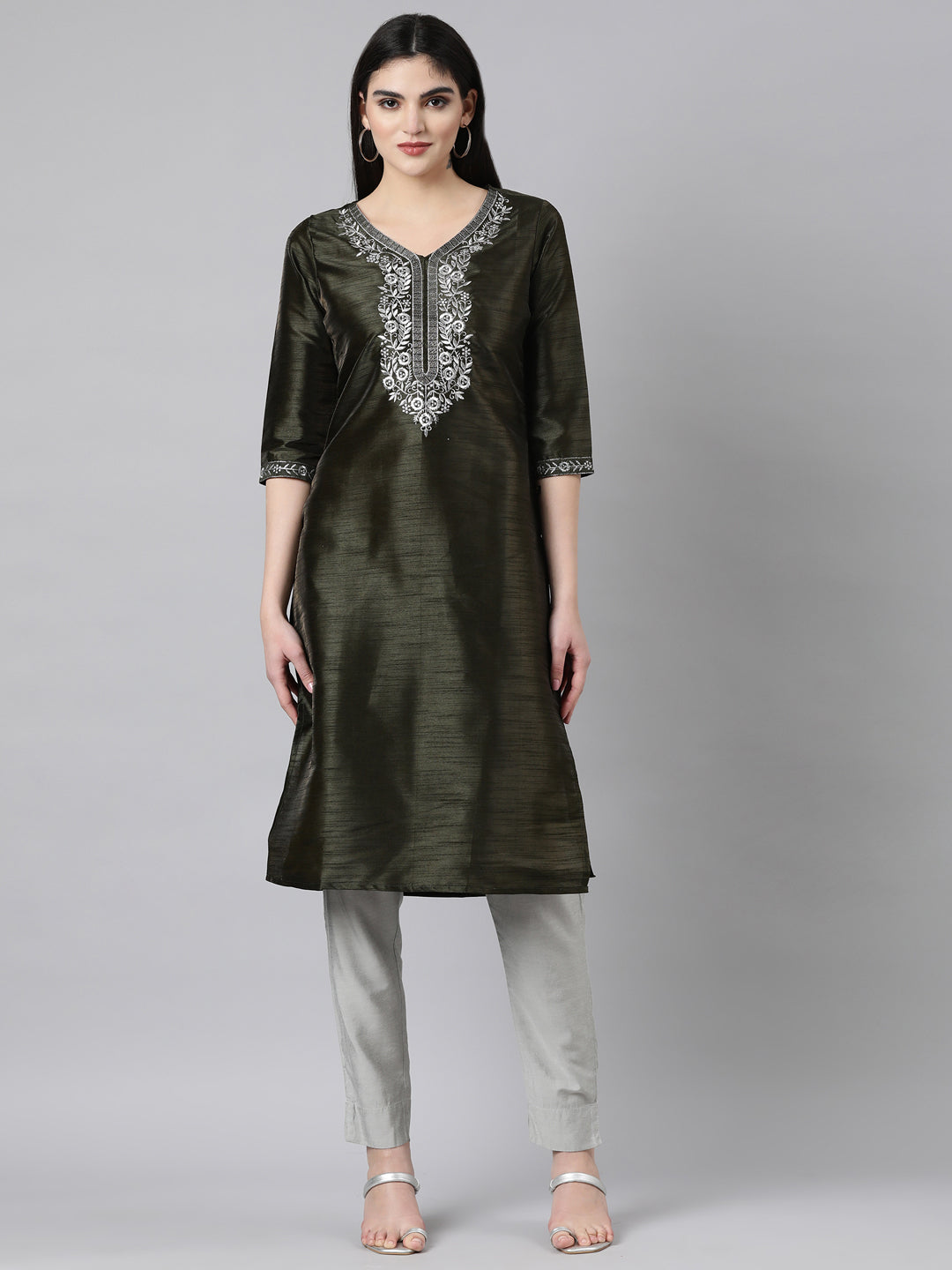 EMBROIDERY Silk GREEN KURTA - Samhitas