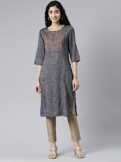 front view of Women Embroidered Grey Viscose Rayon Straight Kurta from samhitas apparel