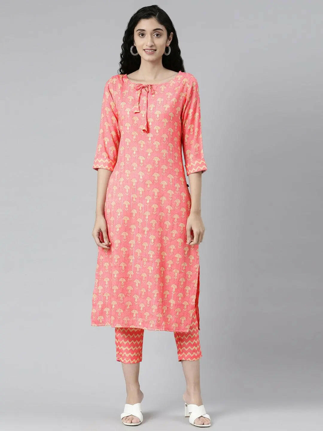 Floral Print Coral Straight Kurta Set from samhitas apparel