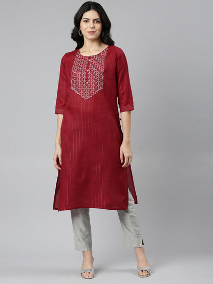 Women Striped Cotton Blend A-line Kurta (Blue, Red) - Samhitas Apparel