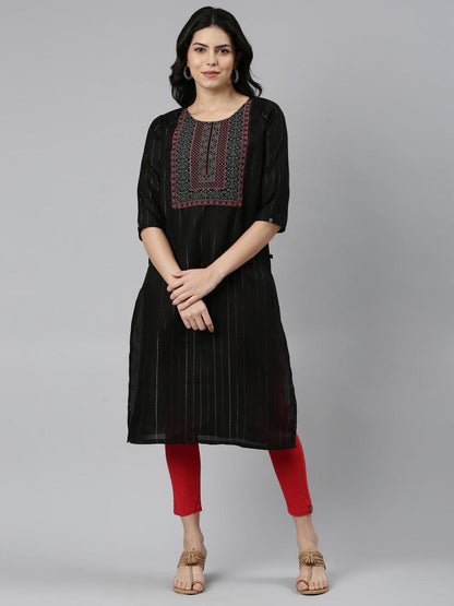 Embroidered Black A-line Cotton Blend Kurta for Women from samhitas apparel