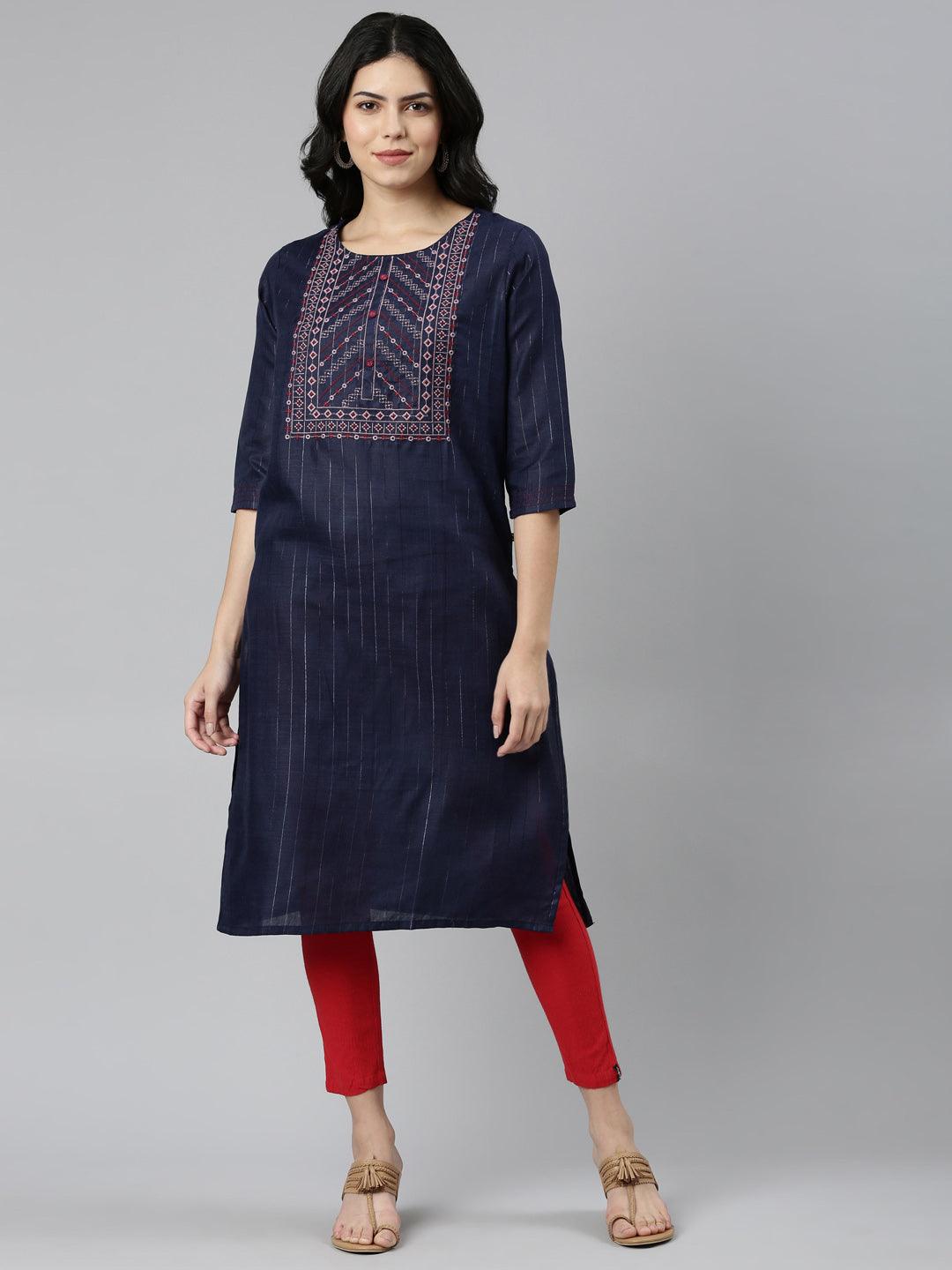 Women Striped Cotton Blend A-line Kurta (Blue, Red) - Samhitas Apparel