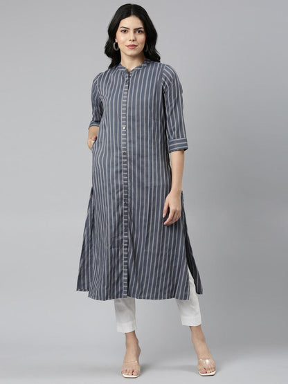 Grey Striped Cotton Silk A-line Kurtas for women from samhitas