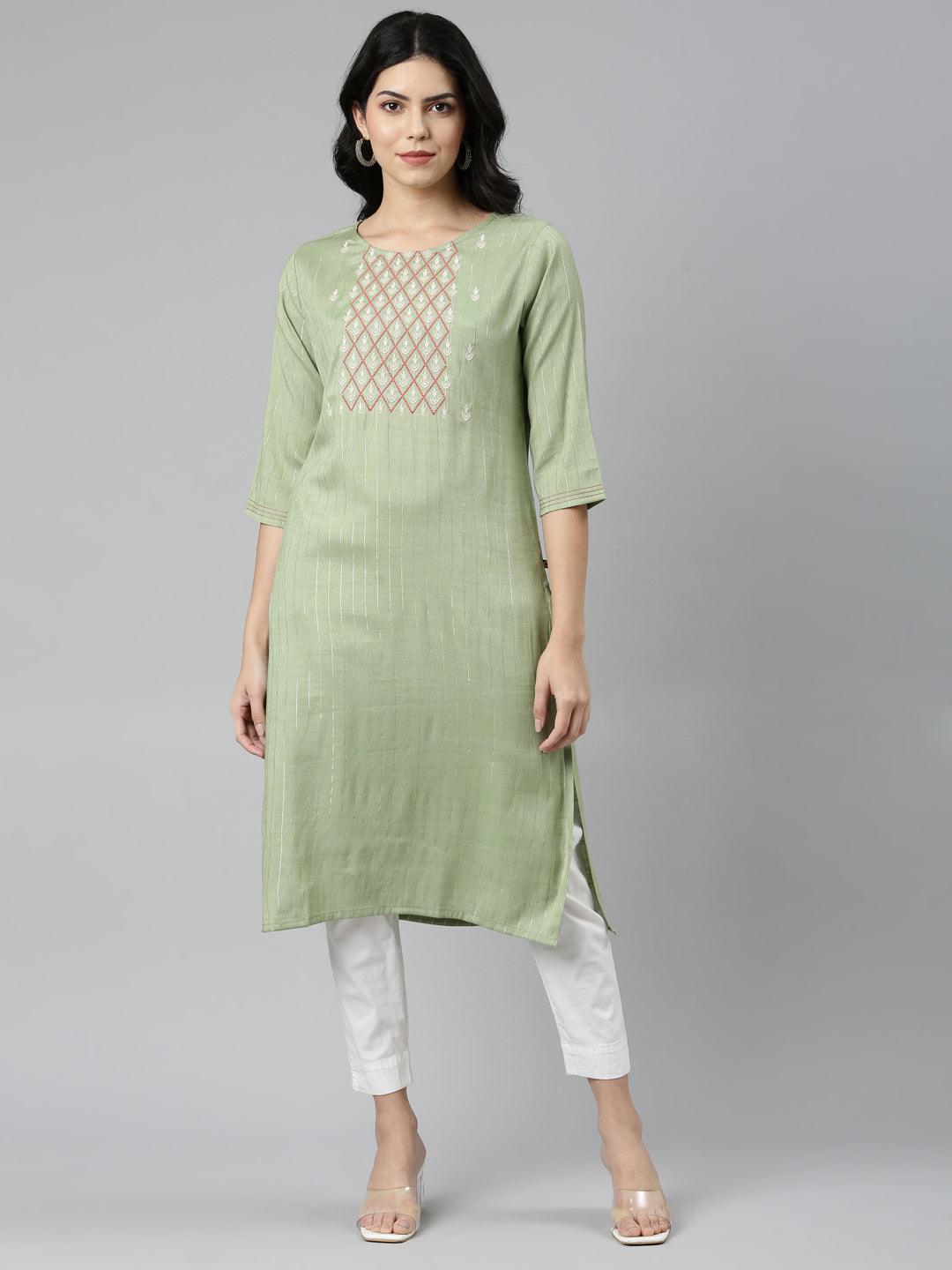 Pista Striped Cotton Blend A-line Kurta from samhitas apparel