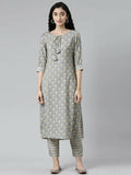 Elegant Grey Floral Print Straight Kurta Set from samhitas apparel
