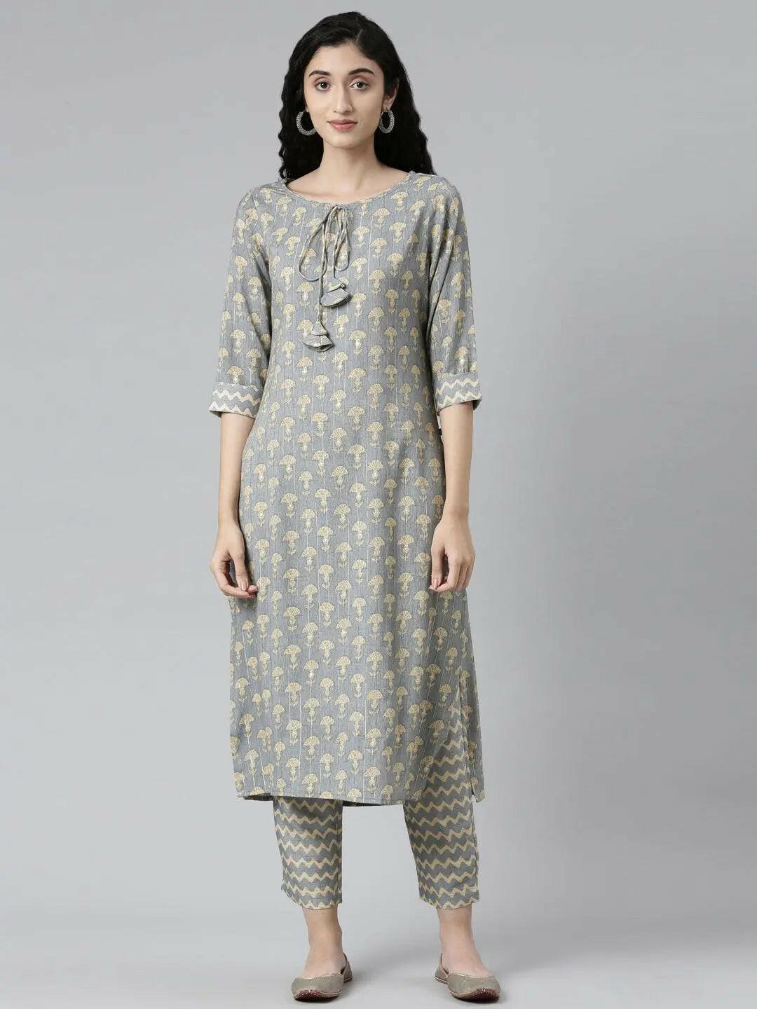 Elegant Grey Floral Print Straight Kurta Set from samhitas apparel