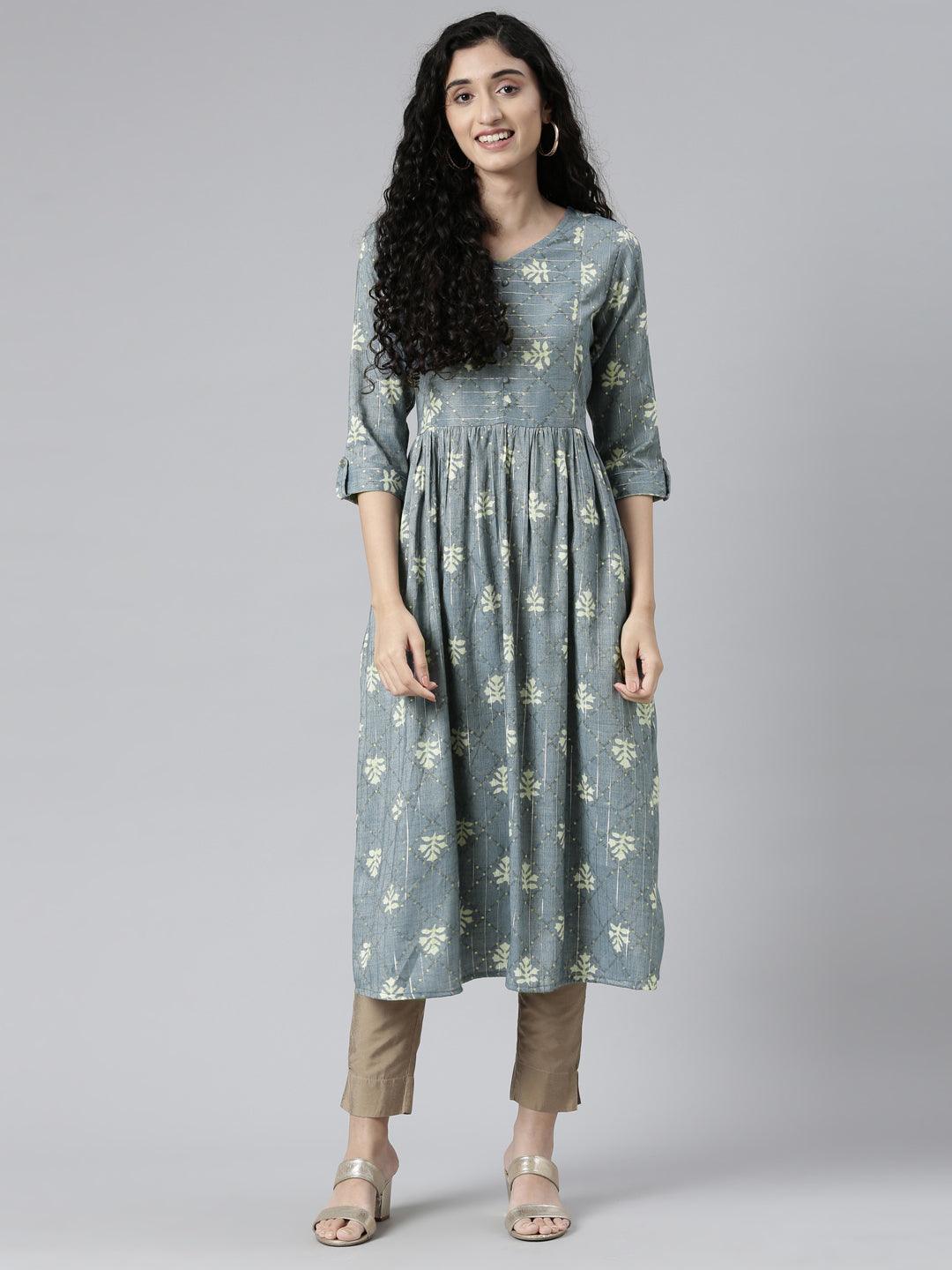 Front side image of Indigo Colored Printed Viscose Rayon Kurta for women from samhitas apparel