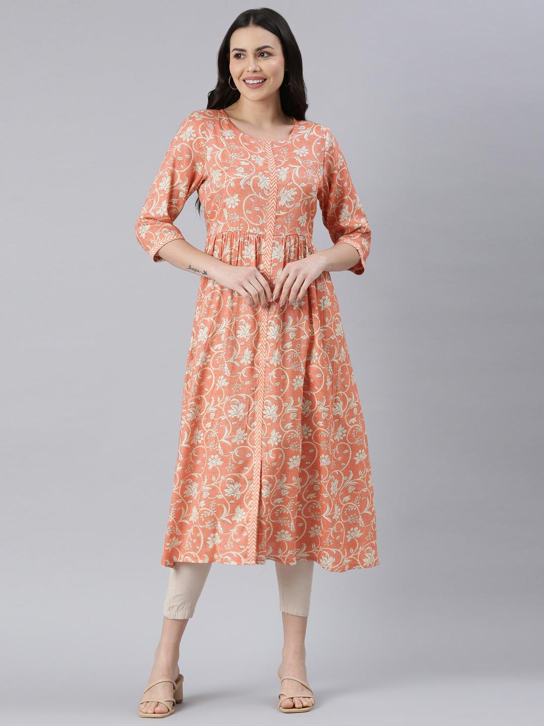 Women's Orange Floral Print Viscose Rayon Flared Kurta from samhitas apparel