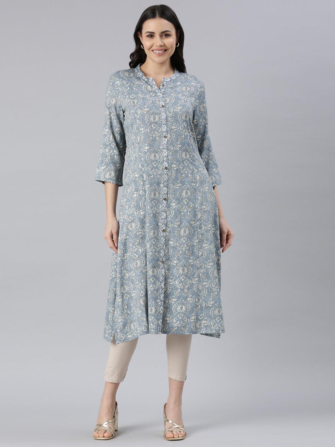 Floral Print Straight Viscose Rayon Kurta for women (Blue) from samhitas apparel