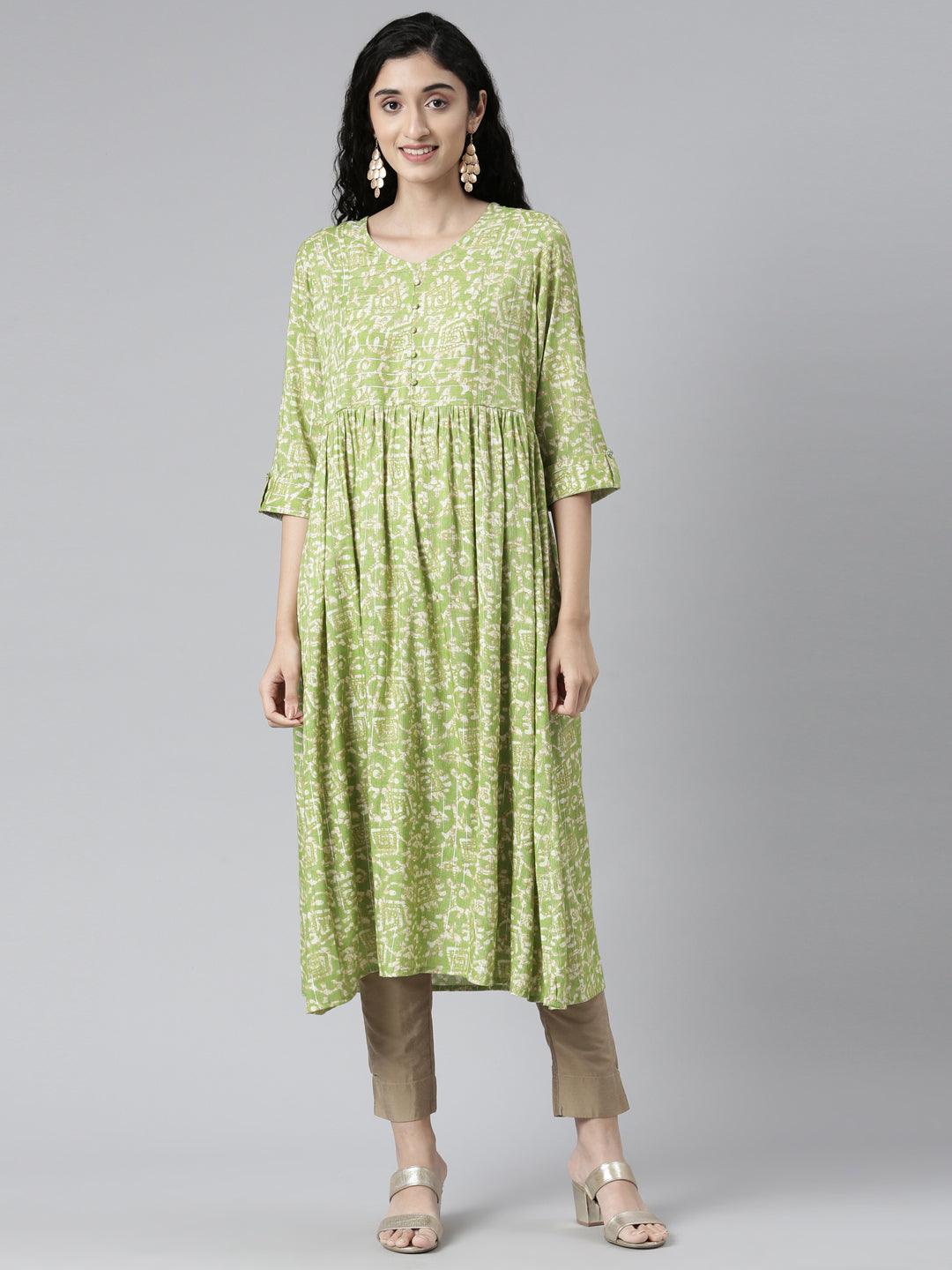 Light Green Abstract Viscose Rayon Flared Kurta for women from samhitas