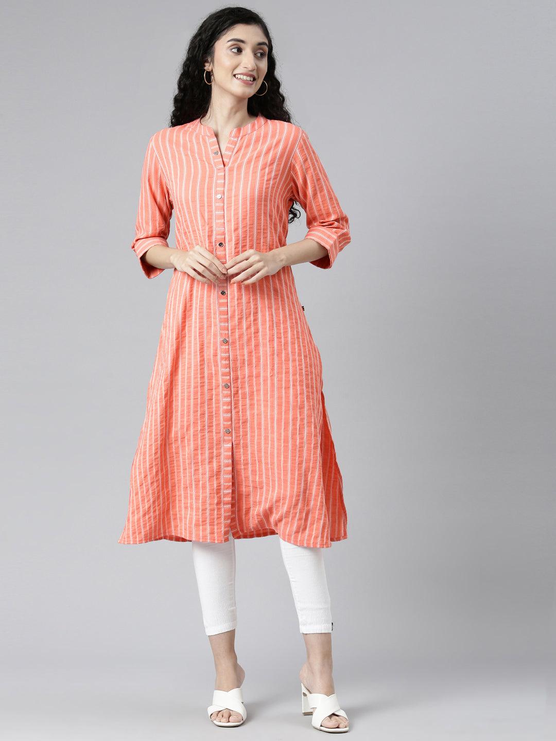 Orange Striped Chanderi Straight Kurta For Women from samhitas