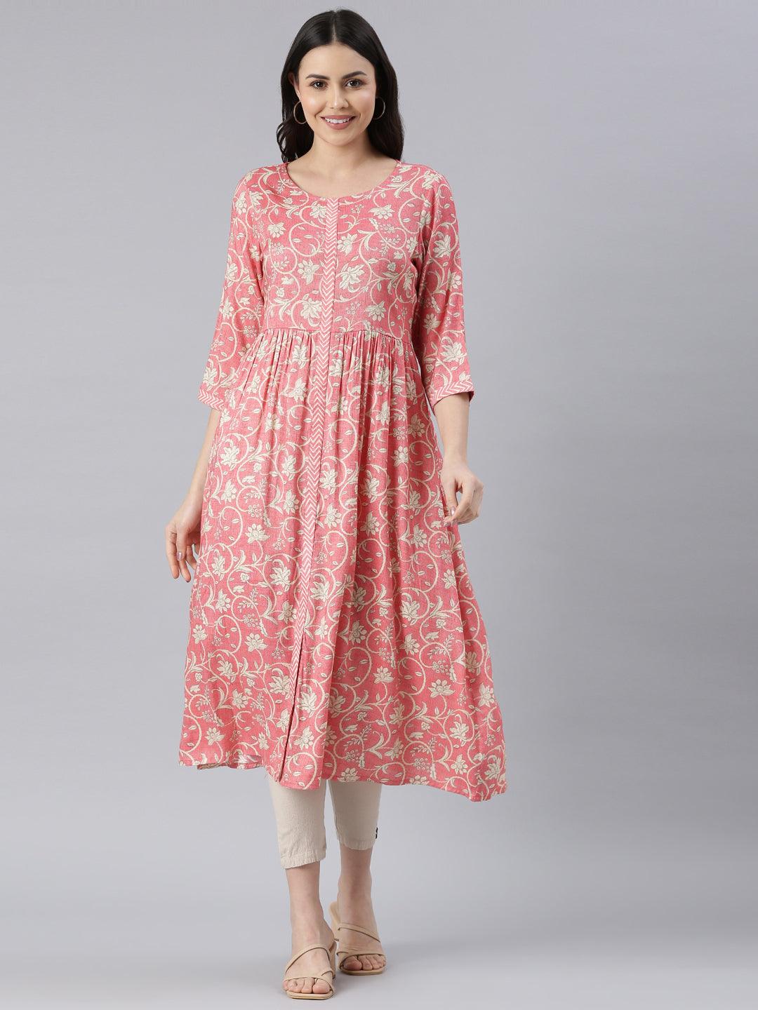 Elegant Pink Women’s Printed Viscose Rayon A-Line Kurta from samhitas apparel