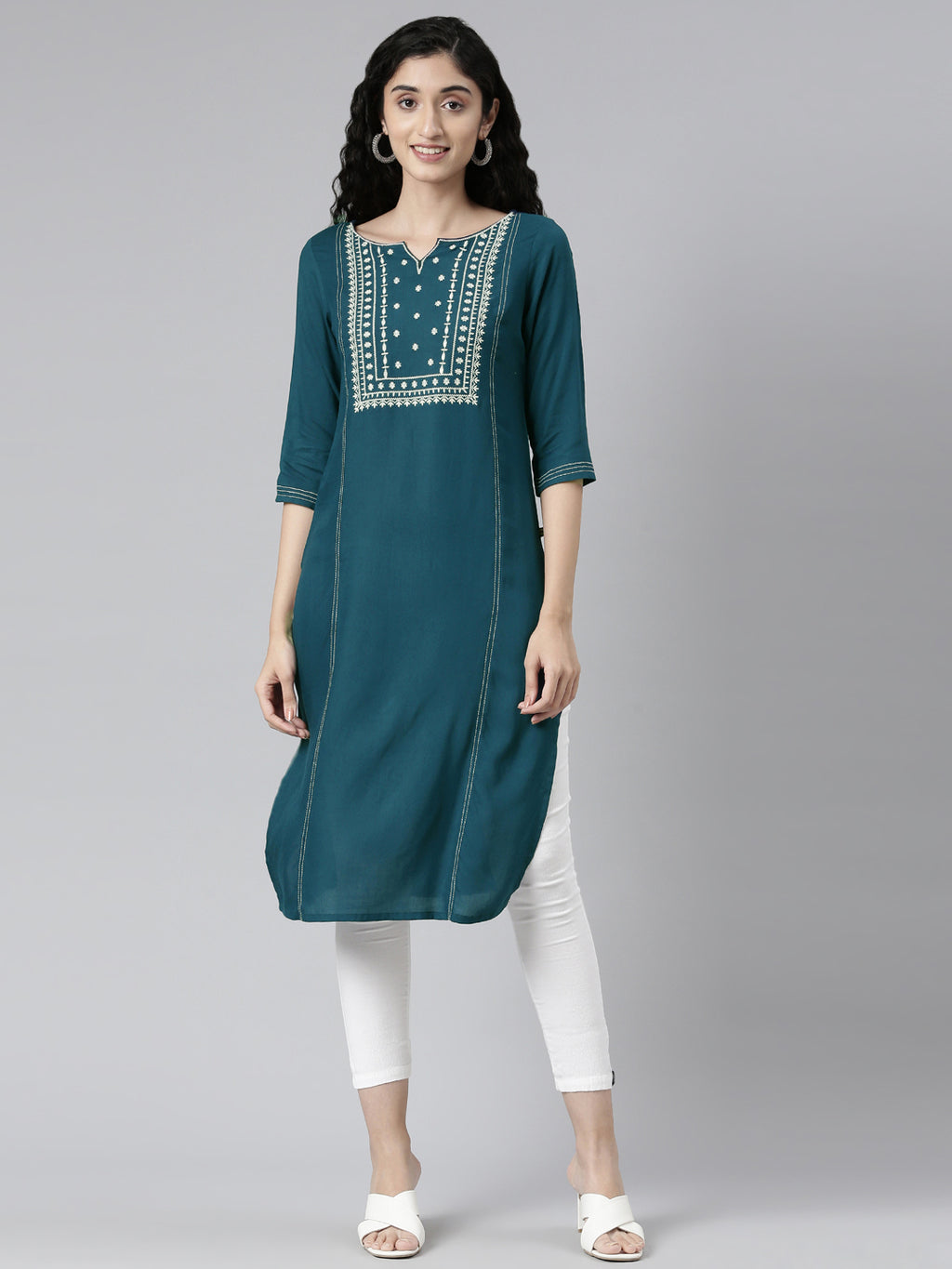 front view of Solid Blue Embroidered Viscose Rayon Straight Kurta from samhitas apparel