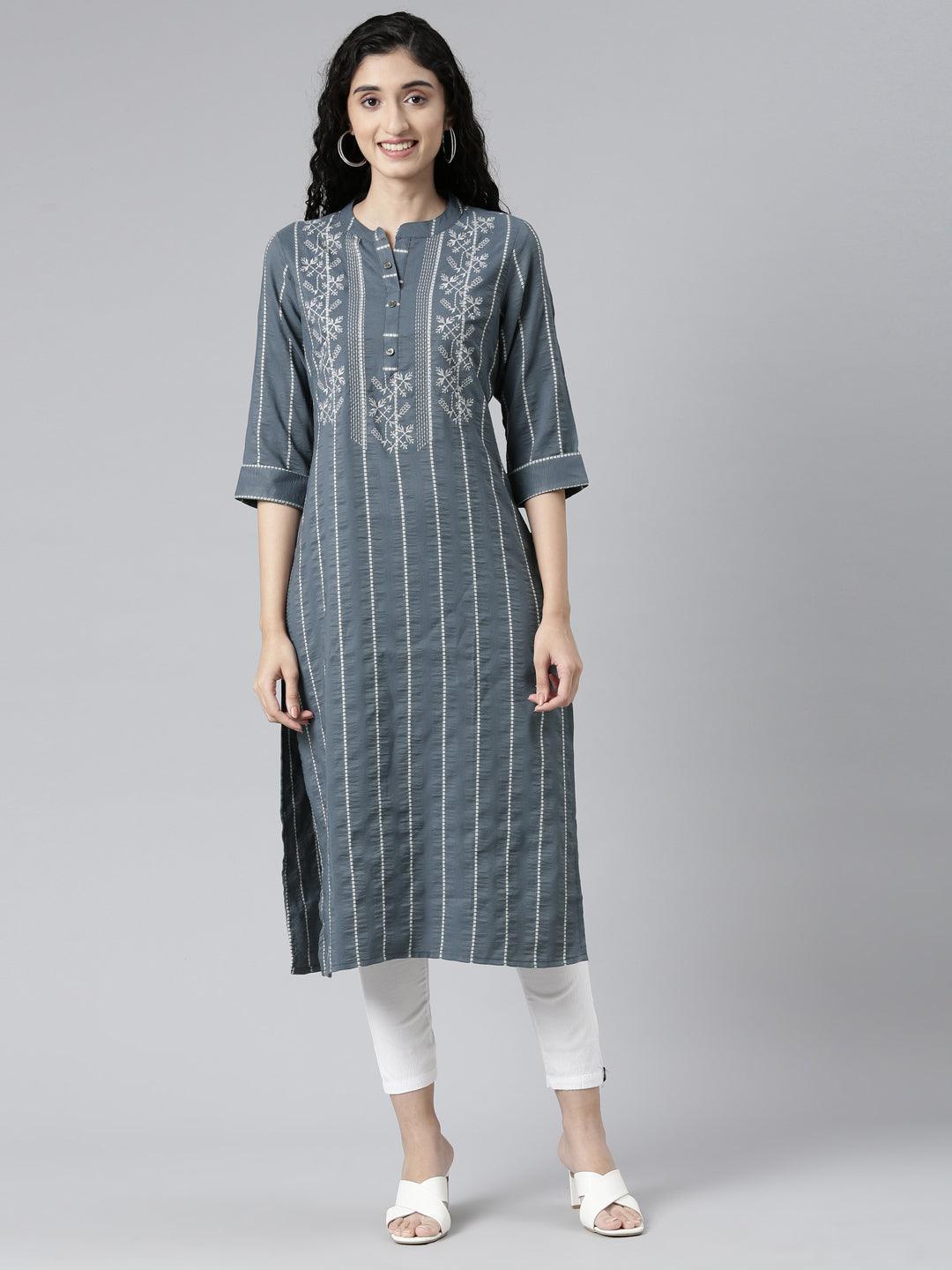 Grey Striped Cotton Silk Straight Kurta for Women from samhitas apparel