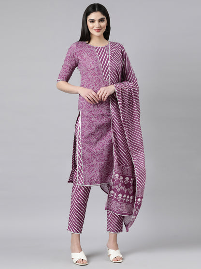 Printed Purple Cotton Kurta Set with Pant and Dupatta from samhitas apparel