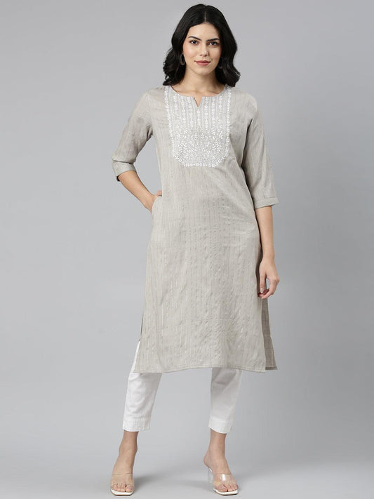 Women Striped Cotton Blend Flared Kurta (Grey) - Samhitas Apparel