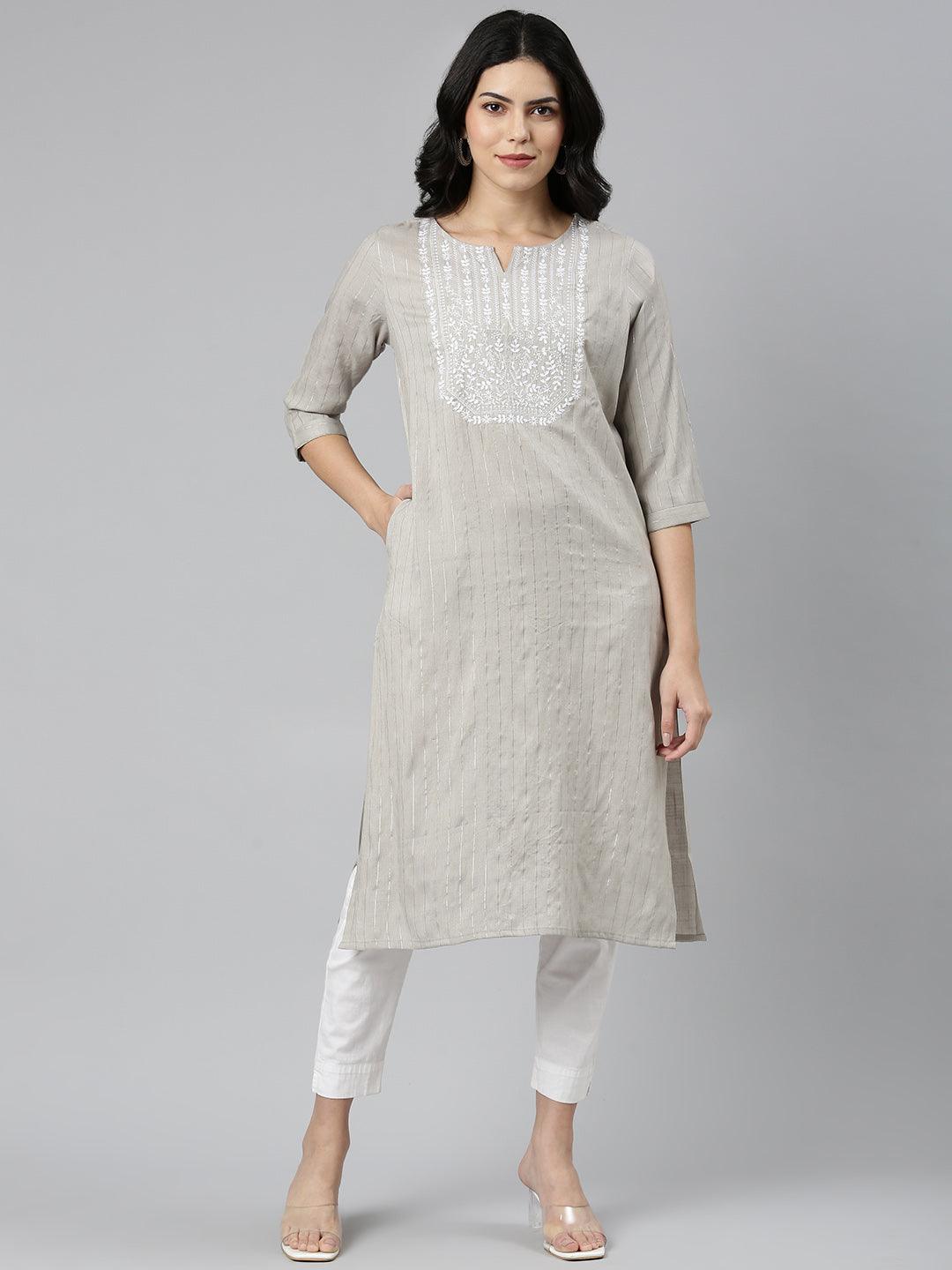 Grey Striped Cotton Blend Flared Kurta for Women from samhitas apparel