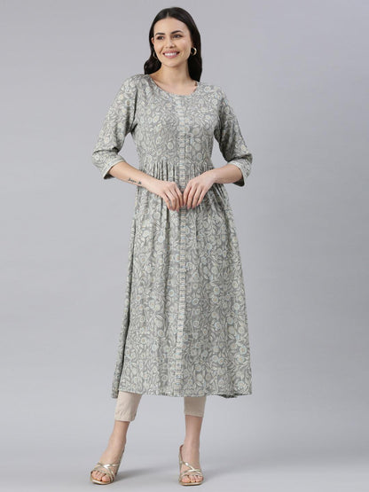 Women Printed Viscose Rayon A-line Kurta (Grey) - Samhitas Apparel