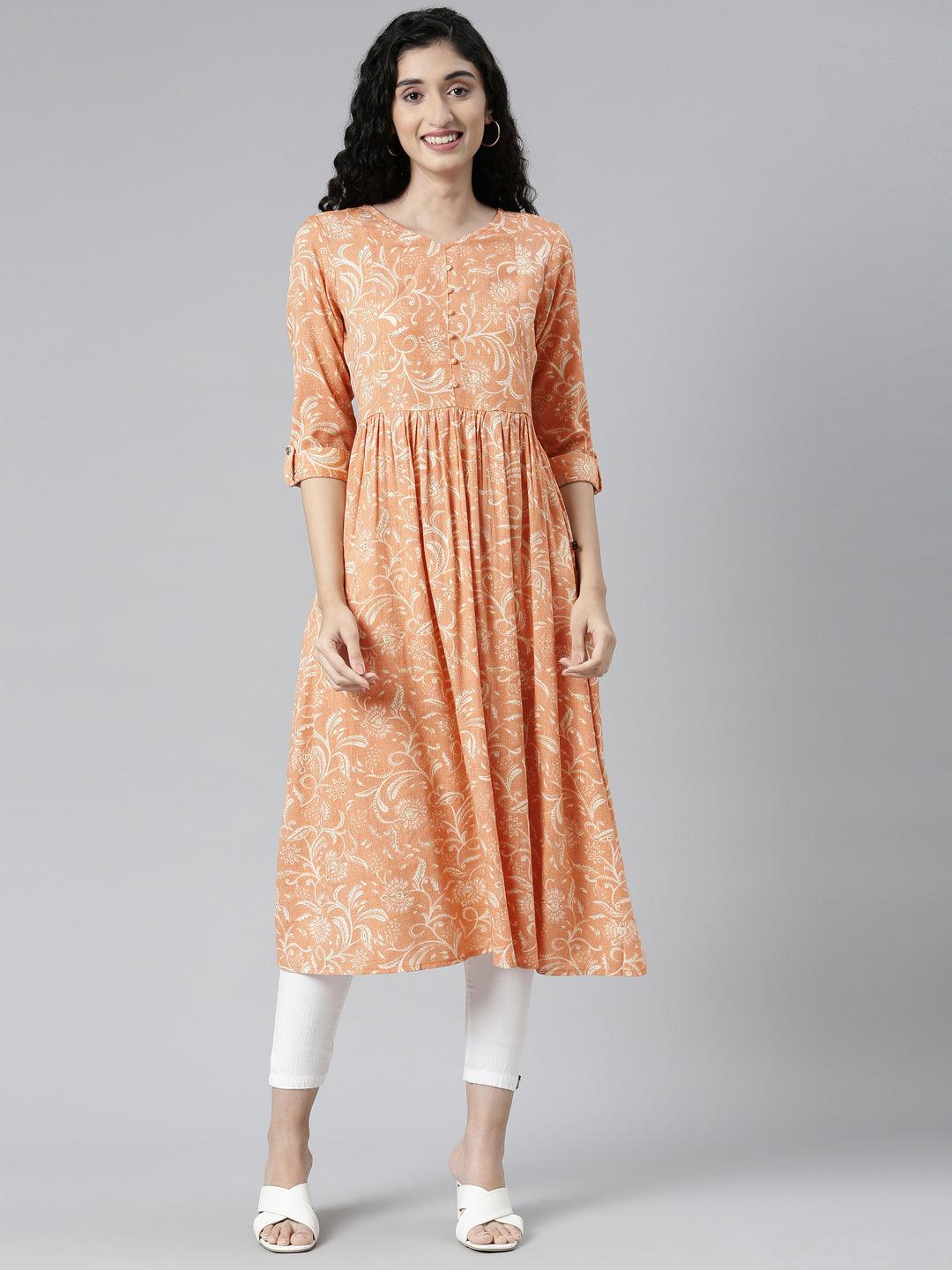 Orange Floral Print Viscose Rayon A-line Kurta from samhitas