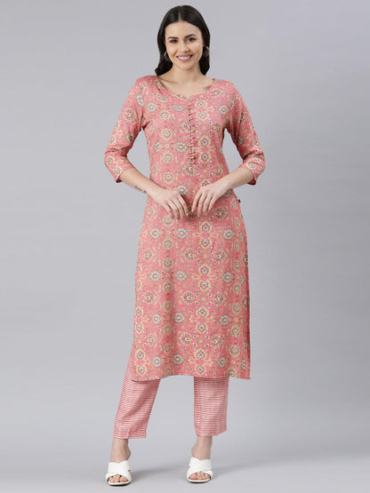 Women's Peach Viscose Rayon Kurti Set from samhitas apparel