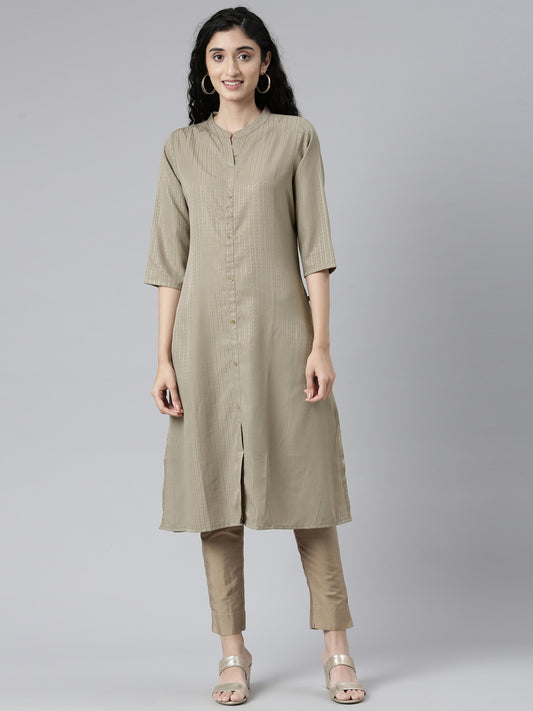 Women Woven Design Viscose Rayon Straight Kurta (Brown) - Samhitas Apparel