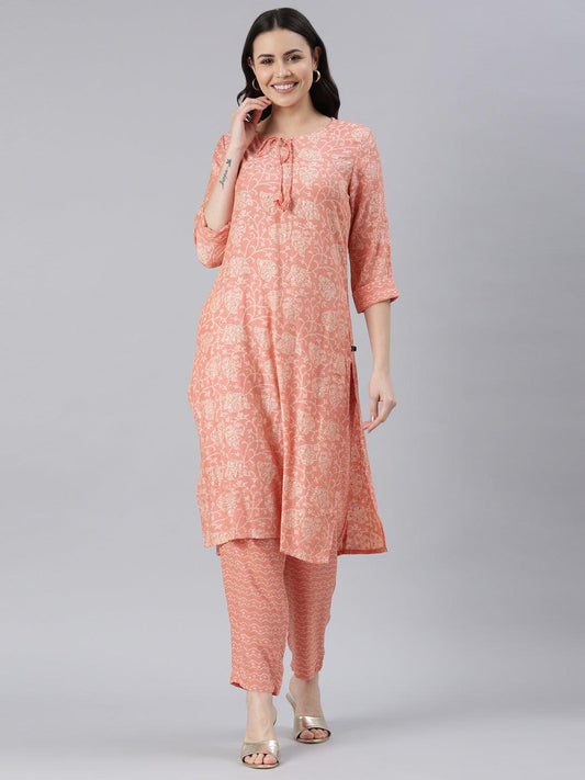 Elegant women's pure silk kurta in peach with print design