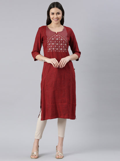 Women Embroidered Viscose Rayon A-line Kurta (Maroon) - Samhitas Apparel