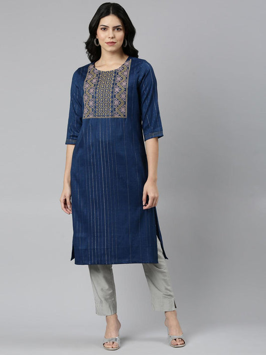 Side view of a women's blue striped A-line kurta with embroidery