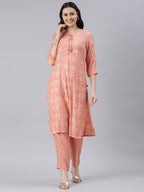Women's Printed peach Pure Silk Kurta Pant Sets from samhitas apparel