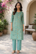 Rayon Printed Straight Kurta Pant Set- Kalki Rama Green