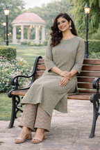 Muslin Printed Straight Kurta Pant Set - Mint Green