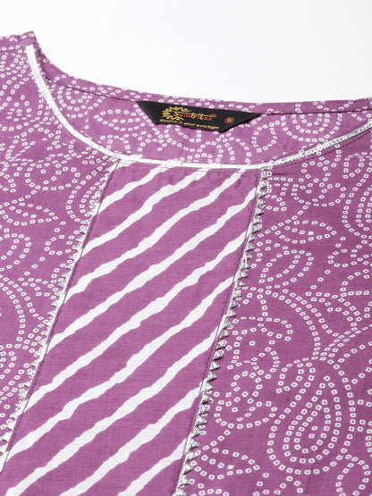 Printed Purple Cotton Kurta Set with Pant and Dupatta from samhitas apparel