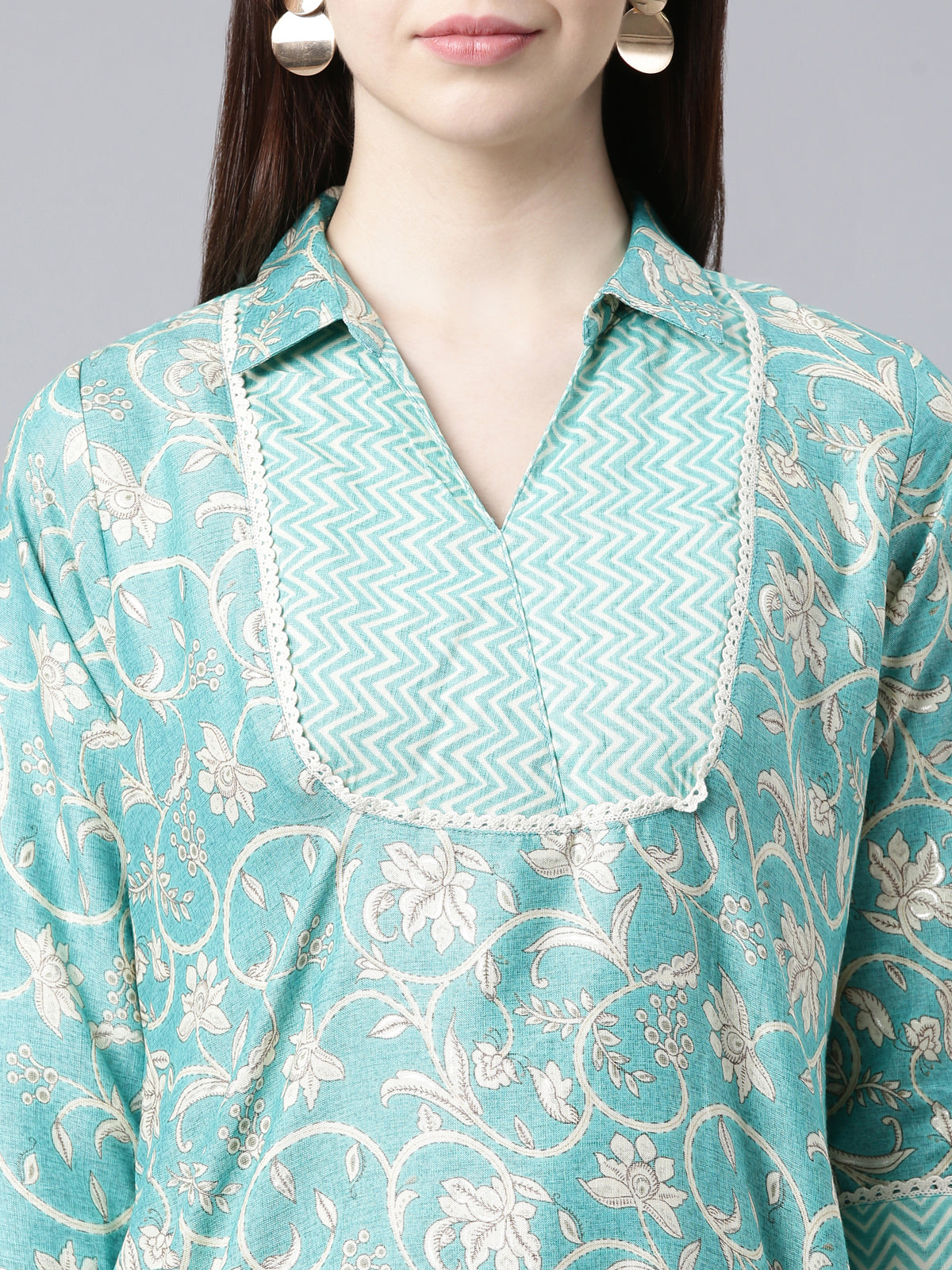 closeup view of Women's Light Sea Green Viscose Rayon Kurta Sets from samhitas