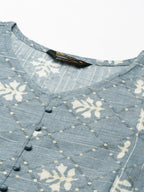 Closeup image of Indigo Colored Printed Viscose Rayon Kurta for women from samhitas apparel