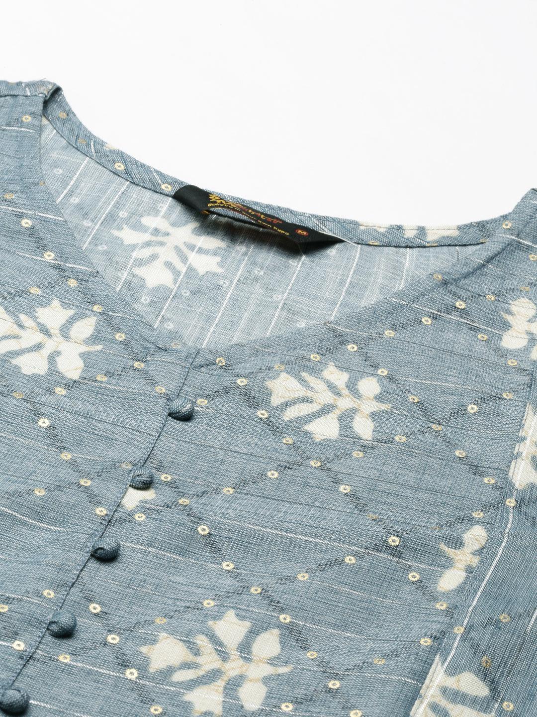 Closeup image of Indigo Colored Printed Viscose Rayon Kurta for women from samhitas apparel